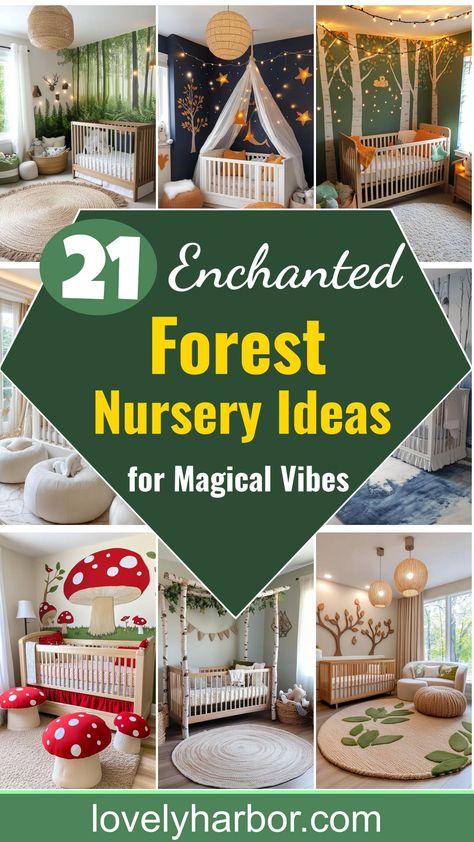 Transform your nursery with enchanting forest themes. Create magical vibes using dreamy wallpapers, nature-inspired decor, and whimsical lighting for a cozy, inviting space. Diy Tree Nursery, Fantasy Nursery Ideas, Forest Girl Nursery, Girl Forest Nursery, Forest Nursery Ideas, Girls Woodland Bedroom, Colorful Animal Nursery, Themed Nursery Ideas, Forest Nursery Girl