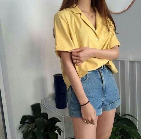 yellow shirt blue denim shorts korean fashion ulzzang 얼짱 summer casual outfits clothes street everyday comfy aesthetic soft minimalistic kawaii cute g e o r g i a n a : c l o t h e s Gold Aesthetics, Áo Blu, Look 80s, Yellow Outfits, Bird Brain, Online Closet, K Fashion, Yellow Outfit, 90s Outfit