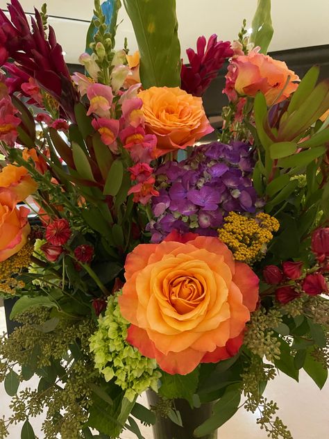 Purple And Orange Bouquet, Red Fall Aesthetic, Orange And Purple Flowers, Red Flower Arrangements, Purple Spring Flowers, Purple Flower Arrangements, Flower Reference, Prom Bouquet, Orange Bouquets