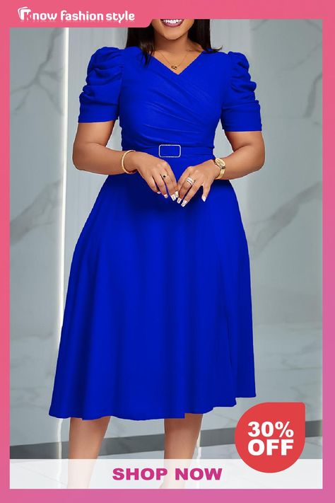 Elegant Solid Patchwork Fold V Neck A Line Dresses Blue Gown Dress, Uniform Style, Plus Size Fall Outfit, African Inspired Clothing, Line Dresses, Baby Shower Invitaciones, Wooden Shoe, Stylish Skirts, Blue Gown