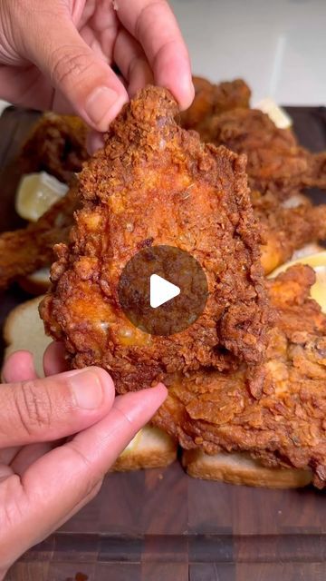 Matt Santos on Instagram: "Crispy and Juicy Fried Chicken 🍗🐔

Ingredients:
-3lbs chicken thighs and drumsticks, bone in and skin on 
-white bread and lemon wedges for serving 

Brine Solution:
-1 cup homemade buttermilk (1 cup milk mixed with 1 tbs apple cider vinegar) 
-1/3 cup pickle juice from jar 
-1/4 cup jalapeño juice from jar 
-1/4 cup hot sauce of your choice 
-1 tbs white sugar 
-2 tsp onion powder 
-2 tsp garlic powder
-2 tsp smoked paprika 
-1 tsp salt 
-1 tsp black pepper 

Flour Coating:
-3 cups flour 
-1 tbs onion powder 
-1 tbs garlic powder 
-2 tsp smoked paprika 
-2 tsp dried oregano
-2 tsp dried thyme 
-2 tsp black pepper 
-1 tsp cayenne pepper 
-1 tsp salt 

Instructions:
-add brine ingredients into large bowl and add chicken; press chicken down until fully submerged Chicken Thigh Fried, Chicken Thighs And Drumsticks, Juicy Fried Chicken, Fried Chicken Thighs, Fried Chicken Ingredients, Crispy Chicken Thighs, Homemade Buttermilk, Dried Thyme, Crispy Fried Chicken