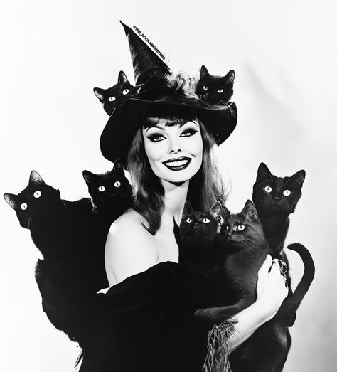 Vintage Morticia Addams, Witch Graphic Art, Bettie Page Halloween, Cat Costume Outfit, Vintage Cat Halloween Costume, Witch And Cat Art, Salem Witches Aesthetic, Vintage Cat Costume, Black Cat Witch Aesthetic