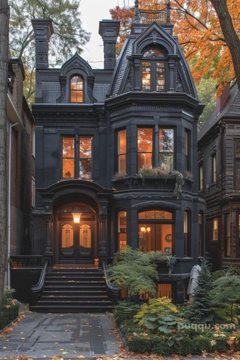 Dark Academia House Exterior, Black Brick House, Dark Academia House, Victorian Gothic House, Academia House, Brownstone Homes, Three Story House, Townhouse Exterior, Aesthetic Architecture