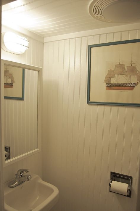 Small Bathroom Ideas With Beadboard, Beadboard Sloped Ceiling, Beadboard Wall And Ceiling, Floor To Ceiling Wainscoting Bathroom, Floor To Ceiling Beadboard Bathroom, Pvc Beadboard Bathroom, Full Beadboard Walls, Small Bathroom With Beadboard Walls, Bead Board Bathroom Walls