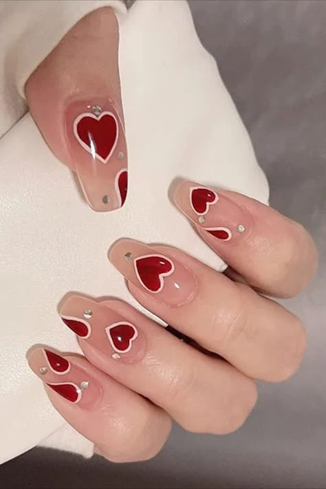 Press On Nails Medium, Coffin Press On Nails, Nails Medium, Soft Nails, Ballerina Nails, Trendy Nail Art, Diamond Nails, Heart Nails, Valentine's Day Nails