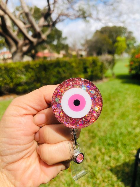 Handmade Pink Badge Reel For Gift, Evil Eye Resin Keychain, Pink Badge Reel With Swivel Clip As Gift, Handmade Novelty Pink Badge Reel, Badge Reels Diy, Personalized Pink Novelty Badge Reel, Personalised Badges, Creative Diy Gifts, Pink Glitter