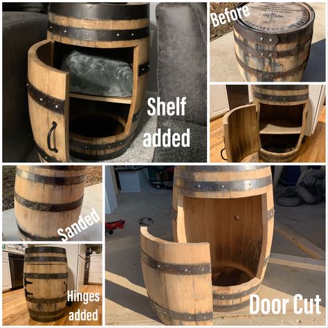 Wine Barrel Shelf, Diy Whiskey Barrel Projects, Whiskey Barrel Ideas Diy, Old Wooden Barrel Ideas, Diy Bourbon Cabinet, Whiskey Barrel End Table, Whiskey Barrel Cabinet, Wooden Barrel Ideas, Wine Barrel Table Diy