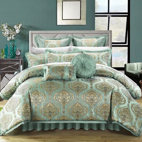 Mercer41 Arabi Microfiber Modern & Contemporary 9 Piece Comforter Set & Reviews | Wayfair Bedroom Comforter Sets, Jacquard Bedding, Blue Comforter Sets, Comforter Bedding Sets, King Comforter Sets, Luxury Bedding Sets, Comfortable Bedroom, Queen Comforter Sets, Bedding Stores