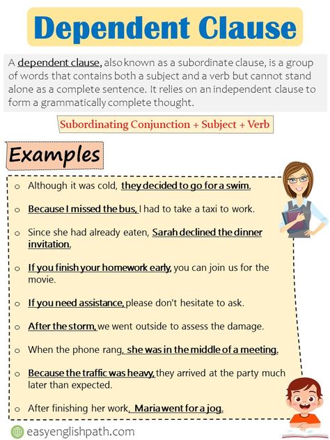 Master Dependent Clauses: Types & Examples Explained. Dependent Clause in English Dependent Clause, Parts Of A Sentence, Subordinating Conjunctions, Relative Clauses, Relative Pronouns, Complete Sentences, Learn English Grammar, Who Will Win, Study Hard