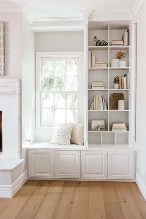 Beautiful Built Ins, Built In Shelves Next To Window, Wall In The Middle Of Living Room, Fireplace With Built In Benches, Built In Between Windows, Bookshelf Wall Around Window, Built Ins Around Window Living Room, Living Room Built Ins With Windows, Built Ins Around Fireplace With Windows