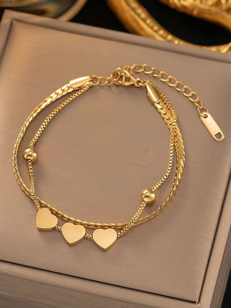 1pc Stainless Steel Fashionable Double-layered Heart Charm Bracelet Yellow Gold    Stainless Steel     Women Fashion Jewelry, size features are:Bust: ,Length: ,Sleeve Length: Gold Breslate Design For Women Pakistani, Arab Accessories, Gold Bracelet Design For Women, Gold Bracelet Simple, Fancy Jewelry Necklace, Fancy Jewellery Designs, Bracelets Design, Gold Jewelry Stores, Jewelry Bracelets Gold