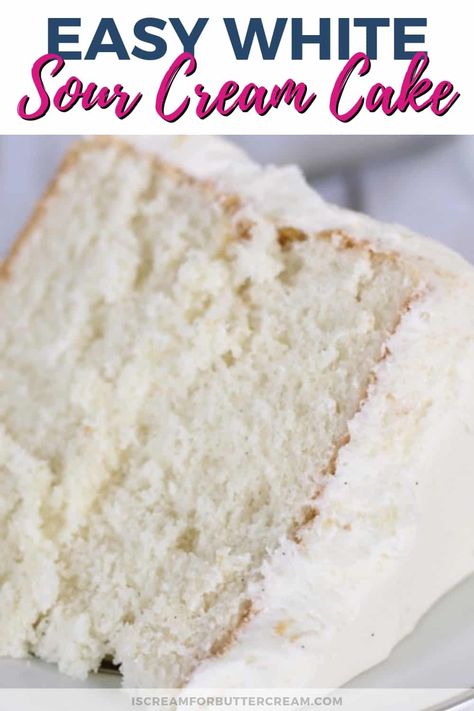 This is an easy white cake with a great vanilla flavor. It comes out great every time and is super quick to mix up. Your family will love it. #easywhitecake #easysourcreamcake #cakerecipe #whitecake Easy White Cake, Cake Recipe With Sour Cream, Dessert Corner, Recipe With Sour Cream, Moist White Cake, Boxed Cake Mixes Recipes, Simple Cakes, Swiss Rolls, Vanilla Bean Cakes