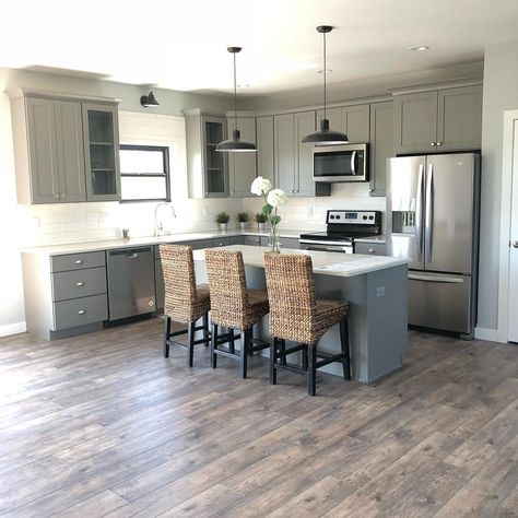 Grey shaker cabinets and subway tile make the perfect combo for a modern classic design. #cliqstudios @cliqstudios #wayfair @wayfair… Open Kitchen Cabinet, Grey Shaker Cabinets, Kitchen Cabinet Design Ideas, Open Kitchen Cabinets, 10x10 Kitchen, Open Kitchen Design, Cabinet Design Ideas, Kitchen Layouts With Island, Kitchen With Island