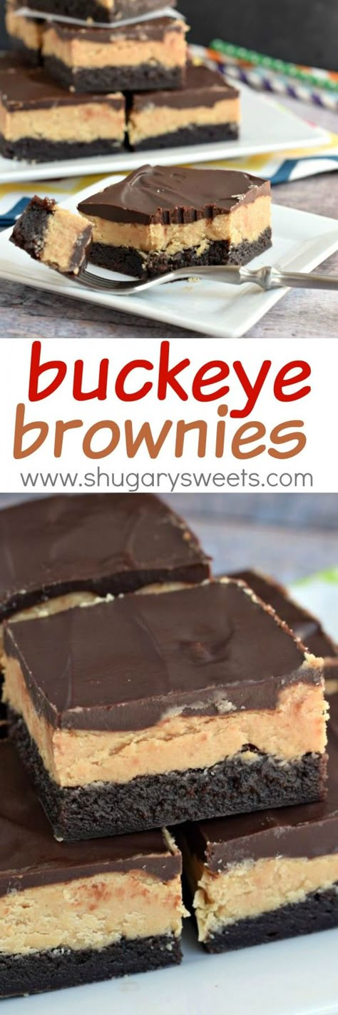 These Buckeye Brownies are amazing! Rich chocolate brownies topped with a homemade peanut butter filling and chocolate ganache. Buckeye Brownies Recipe, Brownies With Peanut Butter, Buckeye Brownies, Cake Brownie, Brownie Toppings, Peanut Butter Desserts, Chocolate And Peanut Butter, Peanut Butter Filling, Homemade Peanut Butter