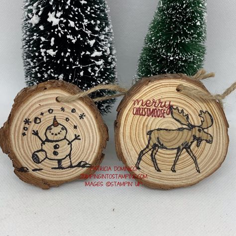 Stampin Up Wooden Ornaments, Stamping On Wood, Stamping On Wood Slices, Stampin Up Merry Moose, Diy Wood Slice Ornaments, Wood Discs Crafts, Coaster Tiles, Wood Discs, Wood Cookies