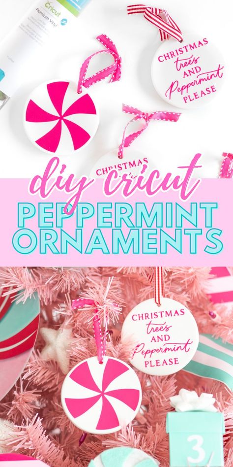 Ornaments Using Cricut, Cricut Christmas Tree, Peppermint Ornaments, Peppermint Ornament, Themed Ornaments, Pink Peppermint, Candy Cane Decorations, Advent Christmas, Using Cricut