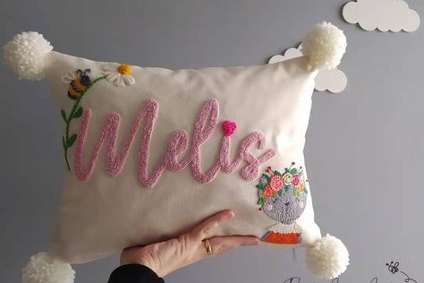 Embroidery Cat Face, Crib Pillows, Punch Needling, Baby Pillow Case, Floral Nursery Decor, Cushion Embroidery, Thoughtful Baby Shower Gifts, Name Pillow, Personalized Pillow Cases