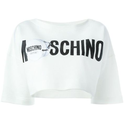 Moschino Logo Print Cropped Sweat Top ($475) ❤ liked on Polyvore featuring tops, hoodies, sweatshirts, white, white top, sweatshirt hoodies, cotton sweat shirts, white sweatshirt and cropped sweatshirt Casual White Slogan Crop Top, White Slogan Crop Top, White Sporty Cropped T-shirt With Text, Sporty White Cropped T-shirt With Text Print, Cropped Wool Sweater, Slytherin Clothes, Chic Black Outfits, Moschino Shirt, Moschino Crop Top