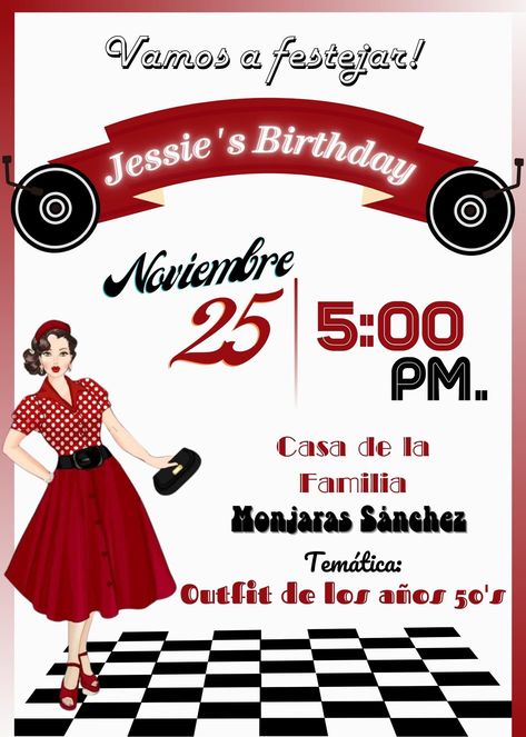 Invitaciones retro con temática de los 50's .... escríbeme para diseñar la tuya 🥳✨️ 50s Birthday Party Ideas, 1950 Birthday Party Ideas, Pin Up Party, Grease Party, 50s Sock Hop, Sock Hop Party, 50s Party, 50s Pin Up, 50% Logo