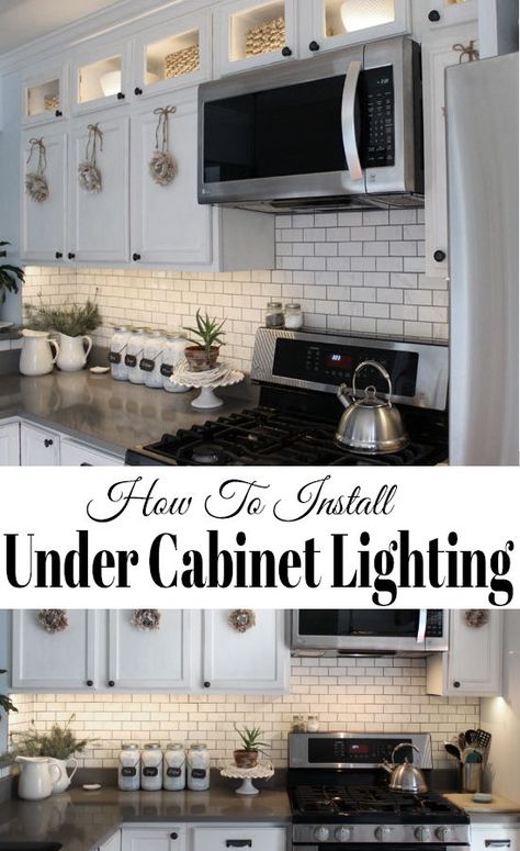 How to install kitchen cabinet lighting under the cabinets with LED tape lights, it's easier than you may think and inexpensive! #kitchen #kitchencabinets #kitchenmakeover Kitchen Underlighting, How To Install Under Cabinet Lighting, Cabinet Underlighting, Installing Under Cabinet Lighting, Kitchen Cabinet Lighting, Cupboard Lighting, Decoration On A Budget, Installing Kitchen Cabinets, Under Cupboard Lighting