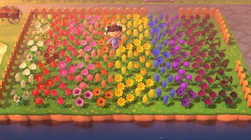 Acnh Flower Field Layout, Rainbow Garden Acnh, Acnh Rainbow Flowers, Animal Crossing Rainbow Garden, Acnh Flower Garden Layout Ideas, Acnh Garden Layout Ideas, Acnh Rainbow Flower Garden, Garden Ideas Acnh, Acnh Garden Layout