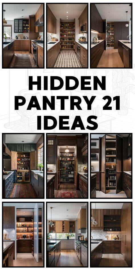 21 Hidden Pantry Ideas for Walk-In, Small Spaces, Modern Kitchen Cabinets & DIY Layouts Large Walk In Pantry With Refrigerator, Clever Pantry Ideas, Create Pantry In Small Kitchen, Custom Pantry Closet, Moody Pantry Ideas, Large Butlers Pantry Walk In, Kitchen With Door In Middle, Walk In Pantry Remodel, Secret Pantry Walk In