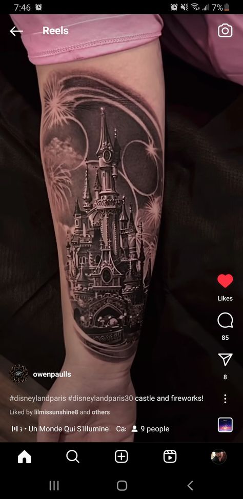 Disney Castle Tattoo, Paris Castle, Disneyland Paris Castle, Disney Sleeve Tattoos, Paris Tattoo, Castle Tattoo, Disney Sleeve, Disney Castle, Neo Traditional