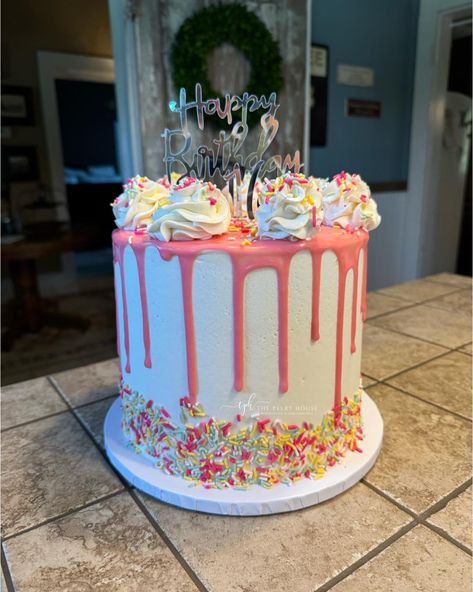 Happy Sweet 16 K!!! Three layers of french vanilla with pink white chocolate drip and sprinkles! #sweet16 #birthday #drip #cake #dripcake #sprinkles #edibleglitter #hospitalityisourheritage #thepeeryhouse #frenchvanilla Three Layer Cake, White Chocolate Drip, Drippy Cakes, Happy Sweet 16, Birthday Drip Cake, 22nd Birthday Cakes, Chocolate Drip, 22nd Birthday, Drip Cake