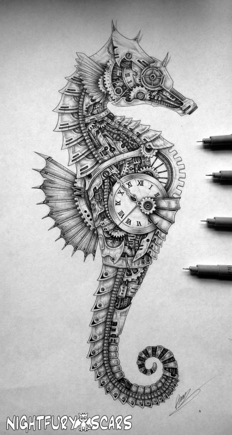 Punk Art Drawings, Steampunk Art Drawing, Seahorse Drawing, Steampunk Drawing, Anniversary Tattoo, Steampunk Illustration, Steampunk Tattoo, Steampunk Animals, Octopus Tattoo Design