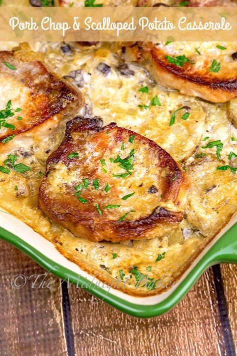 Delicious pork chops baked on a bed of scalloped potatoes. Pure comfort in one casserole. Guest Recipes, Bbq Sausage, Scalloped Potato Casserole, Pork Chop Casserole, Potatoes Casserole, Easy Casseroles, Pork Meals, Pork Casserole, Boneless Pork Chop Recipes