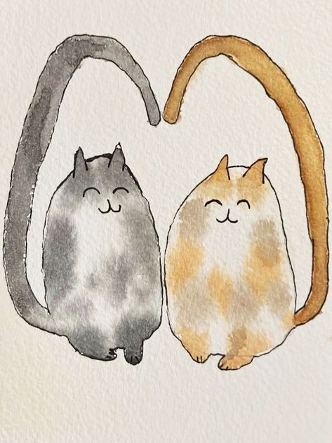 A watercolor postcard of two cute cats in love, that make a heart with their tails Two Cute Cats In Love, Cute Cats In Love, Two Cats In Love, Two Cute Cats, Animals Kissing, Watercolor Postcards, Watercolor Cats, Character Vibes, Cats In Love