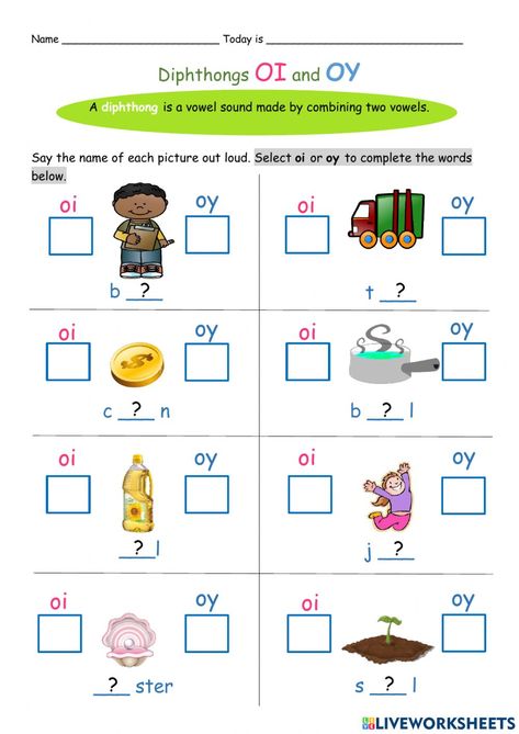 Diphthongs online worksheet for 2. You can do the exercises online or download the worksheet as pdf. Oi Words Worksheet, Oy Oi Activities, Diphthongs Oi And Oy Worksheet, Oi Worksheets, Oi Oy Worksheets, Dipthongs Worksheets, Oy Worksheets, Diphthongs Worksheets, Oi Oy