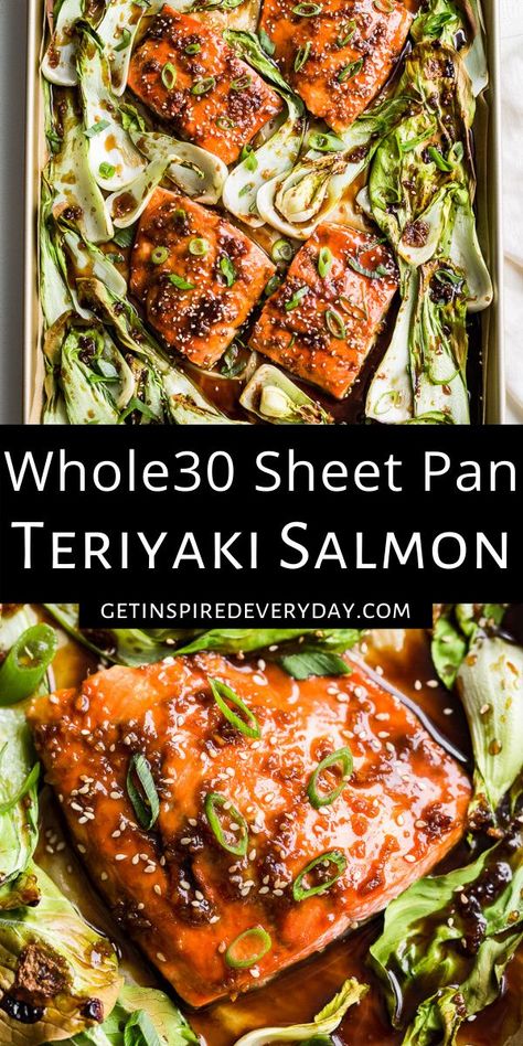 This Healthier Sheet Pan Teriyaki Salmon is super easy to make and there's no refined sugar in the homemade teriyaki sauce! It's naturally gluten free, dairy free, paleo, and Whole30 as well. It even works with chicken thighs for those who aren't crazy about salmon, so everyone at the table can love dinner! Baked Teriyaki Salmon, Salmon Teriyaki Recipe, Whole30 Dinner, Whole30 Dinner Recipes, Easy Sheet Pan Dinners, Sheet Pan Suppers, Teriyaki Salmon, Sheet Pan Dinners, Teriyaki Sauce