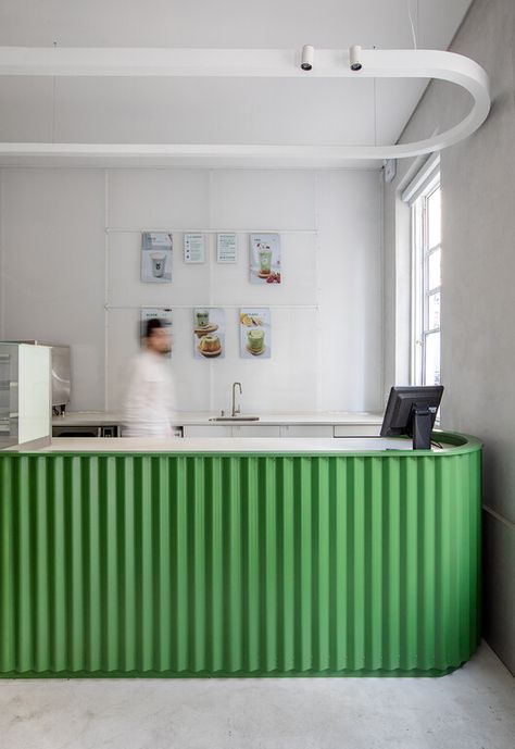 Gallery of Green Blood Matcha Coffee Shop / Studio Guilherme Garcia - 18 Matcha Coffee Shop, Brazilian Architecture, Matcha Coffee, Green Cafe, Modern Office Decor, Pop Up Bar, Coffee Shops Interior, Wall Shelves Design, Showroom Design