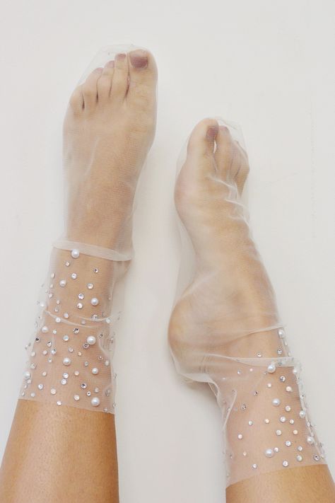 Tulle Socks And Heels, Mesh Socks And Heels, Tulle Socks Outfit, Funky Footwear, Seam Stitch, Tulle Socks, Heels And Socks, Tulle Gloves, Silver Slippers