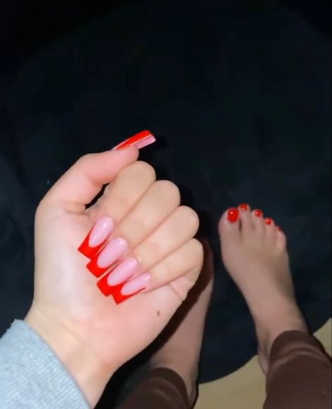 French Tip Set Nails And Toes, Thick Red French Tip, Feet And Hand Nails Matching, Red Pedicure Black Women, Red Nails And Toes Matching, Red French Tip Tapered Square Nails, Matching Toe And Nail Set, Red Acrylic Toes, Red Nails And Toes