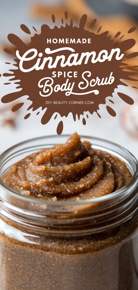 Homemade cinnamon spice body scrub in a glass jar, perfect for exfoliating and nourishing skin with natural ingredients. Homemade Body Care Recipes, Homemade Skin Exfoliator, How To Make A Diy Body Scrub, Non Toxic Body Scrub, Winter Body Scrub Diy, Homemade Body Care Products, Fall Sugar Scrub Recipes, Whipped Scrub Diy, Diy Sugar Scrub Recipe Homemade