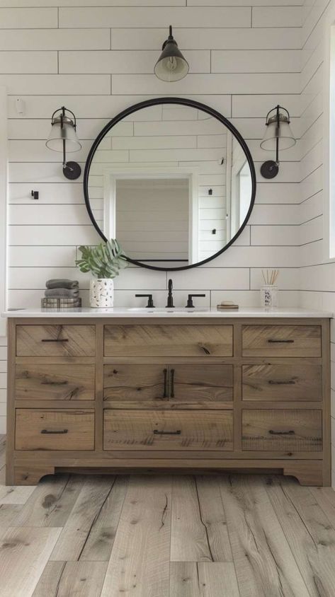 Simple Bathroom Ideas for Small Spaces: Farmhouse Edition Rustic Half Bath Ideas, Modern Farmhouse Small Bathroom, Rustic Half Bath, Simple Bathroom Ideas, Bathroom Ideas For Small Spaces, Modern Farmhouse Bathroom Ideas, Farmhouse Bathroom Ideas, Stone Accent Walls, Natural Stone Countertops