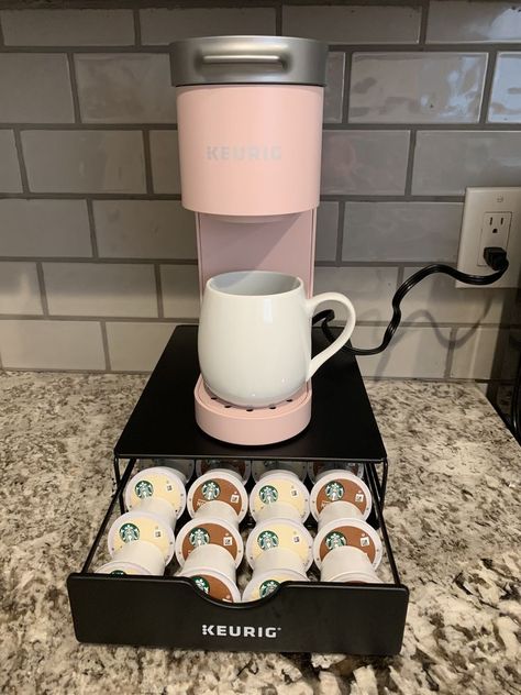 Mini Keurig Station, Pink Keurig Aesthetic, Coffee Keurig Station, Keurig Coffee Machine, Coffee Bar For Apartment, Keurig Coffee Station Aesthetic, Coffee Station Keurig, Cute Keurig Station, Mini Coffee Maker