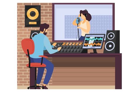 Male character sound producer record female singer in music studio isolated on white, flat vector illustration. Room musical instrument speakers, remote control area. Musical accompaniment note. Music Studio Illustration, Concert Illustration, Music Drawings, Flat Vector Illustration, Male Character, White Flat, Music Composers, Studio Recording, Flat Vector