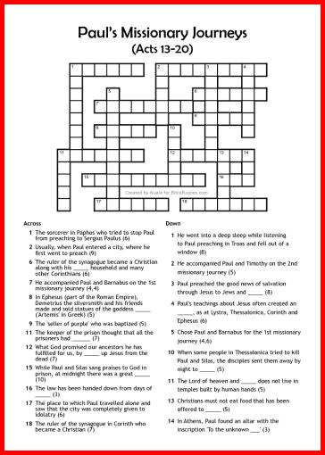 Paul's Missionary Journeys - Bible Crossword - Free - Printable Bible Worksheets For Teens, Bible Crossword Puzzles Free Printable, Free Sunday School Printables, Crossword Puzzles Printable, Sunday School Crossword, Bible Crossword Puzzles, Bible Puzzles, Sunday School Printables, Puzzles Printable