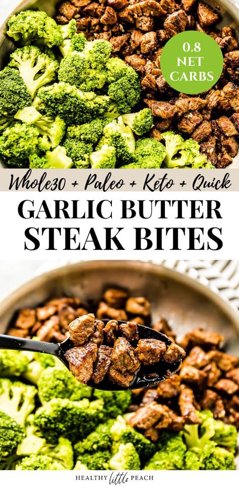 These juicy Garlic Butter Steak Bites are seared to perfections and covered with ghee, minced garlic and salt/pepper. If you are looking for the perfect Whole30, Paleo and Keto lunch or dinner, look no further. Simply serve with your favorite steamed or roasted veggie and you have yourself a  complete meal. Healthy Garlic Steak Bites, Keto Garlic Steak Bites, Steak Bites And Veggies, Steak And Veggies Dinner, Keto Garlic Butter Steak Bites, Keto Steak Bites, Garlic Steak Bites, Peach Healthy, Garlic Butter Steak Bites