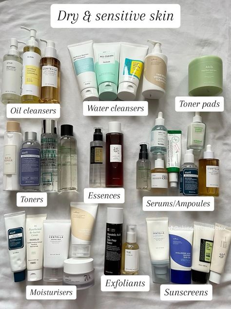 dry & sensitive skin Glass Skin Routine For Dry Skin, Cheap Skin Care Routine, Sensitive Skin Routine, Aesthetic Skincare Routine, Sephora Wishlist, Cheap Skin Care, Korean Skin Care Routine, Dream Skincare, Sensitive Skin Care Routine