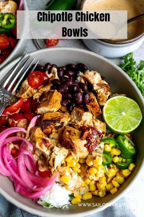 Chipotle Chicken Bowls are a spicy delight. Juicy marinated chicken, fresh veggies and a homemade chipotle crema. These bowls are banging! via @sailor_bailey Chicken Chipotle Bowl, Veggie Chipotle Bowl Recipe, Sailor Bailey, Copycat Chipotle Chicken Bowl, Healthy Chicken Chipotle Bowl, Chipotle Chicken Rice Bowl Recipe, Homage Chipotle Bowl, Honey Chipotle Chicken Bowls Clean Food Crush, Chipotle Bowl Recipe