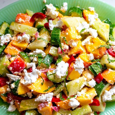 Peach, Cucumber & Melon Salad with Feta Fried Corn Recipes, Bruschetta Pasta, High Potassium Foods, Potassium Foods, Easy Bruschetta, Melon Salad, Halloumi Salad, Salad With Feta, Watermelon Feta Salad