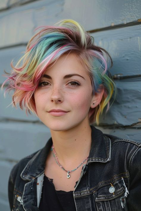 Short Hair Pastel Color, Rainbow Undercut Hair, Rainbow Hair Color Short Pixie, Pastel Rainbow Hair Short, Vibrant Pixie Hair Color, Short Hair Rainbow, Rainbow Pixie Hair, Dyed Undercut, Pastel Pixie Hair