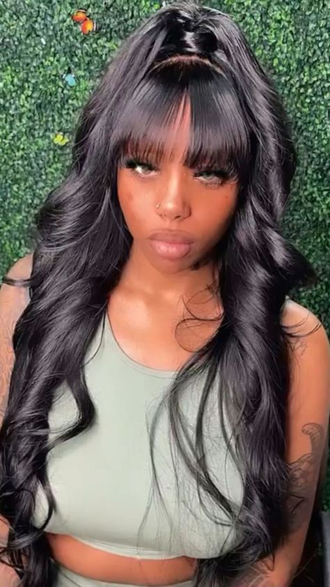 Half Up Half Down Hair Black Women Bang, Fringe Bangs Black Women, Ponytail With Bangs For Black Women, Pinterest Hairstyles, Hairstyles Images, Dream Hairstyles, Bang Hair, Quick Weaves, Bang Wig