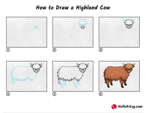 How to Draw a Highland Cow - HelloArtsy Step By Step Highland Cow Drawing, How To Draw A Highland Cow Step By Step, Highland Cow Drawing Easy Step By Step, How To Draw A Highland Cow, Draw A Highland Cow, Highland Cow Drawing Easy, How To Draw A Cow, Simple Drawing Ideas Easy Doodles, Highland Cow Drawing