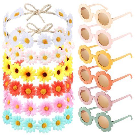 PRICES MAY VARY. Stylish Designs: the hippie glasses and headband sets are designed with colorful daisy and sunflower elements, fresh and vivid, nice hippie bohemian styles accessory, you can wear them to to show off your personal style, which make you stand out in the crowd Sufficient Quantity: package includes 6 pieces of hippie glasses with 6 pieces of hippie flower headbands, all of them are features with different sweet colors; Enough quantity to meet your different parties demands Proper S Daisy Costume Flower, Party Gifts For Kids, Flower Power Party, Crown Costume, 70s Festival, Hippie Glasses, Hippie Birthday Party, 70s Theme Party, Daisy Flower Crown