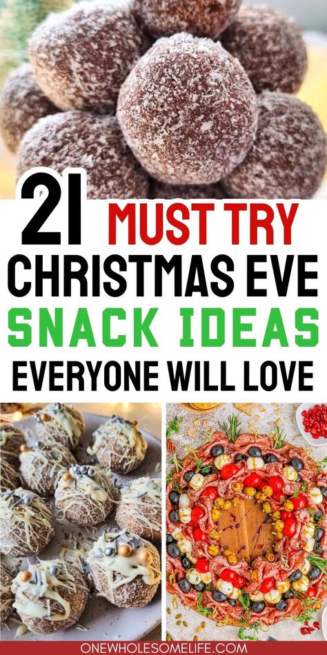 Collage of Christmas eve snack ideas. Christmas Eve Sweets, Christmas Eve Kids Ideas, Sweet Christmas Snacks, Christmas Eve Snacks Appetizers, Christmas Eve Meal Ideas, Salty Christmas Snacks, Christmas Snack Food, Christmas Eve Buffet Ideas, Christmas Eve Food Ideas